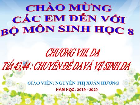 Bài giảng Sinh học 8 - Tiết 43+44: Chuyên đề da và vệ sinh da - Năm học 2019-2020 - Nguyễn Thị Xuân Hương