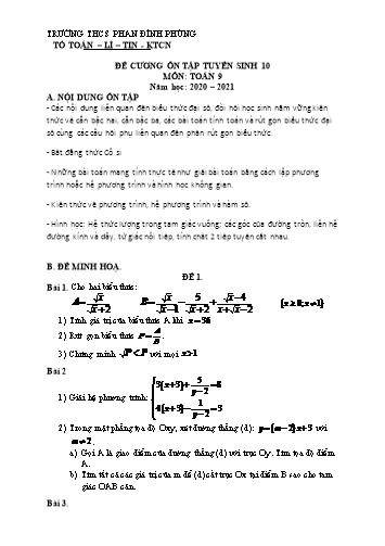 Đề cương ôn tập tuyển sinh 10 môn Toán Lớp 9 - Năm học 2020-2021 - Trường THCS Phan Đình Phùng