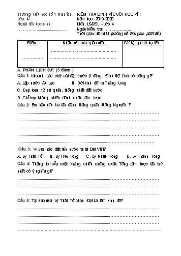 Đề kiểm tra định kì cuối học kì I môn Lịch sử và Địa lí 4 - Năm học 2019-2020 - Trường Tiểu học số 1 Ninh Ích (Có đáp án)