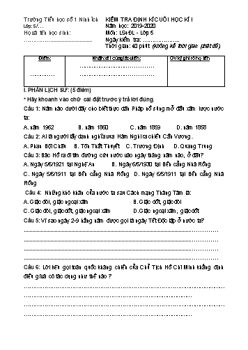 Đề kiểm tra định kì cuối học kì I môn Lịch sử và Địa lí 5 - Năm học 2019-2020 - Trường Tiểu học số 1 Ninh Ích (Có đáp án)