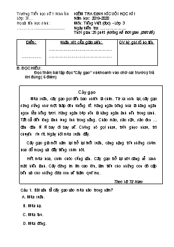 Đề kiểm tra định kì cuối học kì I môn Tiếng Việt Lớp 3 - Năm học 2019-2020 - Trường Tiểu học số 1 Ninh Ích (Có đáp án)