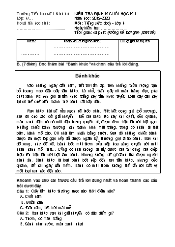 Đề kiểm tra định kì cuối học kì I môn Tiếng Việt Lớp 4 - Năm học 2019-2020 - Trường Tiểu học số 1 Ninh Ích (Có đáp án)