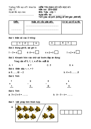 Đề kiểm tra định kì cuối học kì I môn Toán Lớp 1 - Năm học 2019-2020 - Trường Tiểu học số 1 Ninh Ích (Có đáp án) Đề kiểm tra định kì cuối học kì I môn Toán Lớp 1 - Năm học 2019-2020 - Trường Tiểu học số 1 Ninh Ích (Có đáp án)