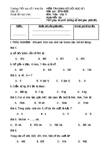 Đề kiểm tra định kì cuối học kì I môn Toán Lớp 3 - Năm học 2019-2020 - Trường Tiểu học số 1 Ninh Ích (Có đáp án)
