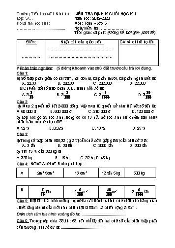 Đề kiểm tra định kì cuối học kì I môn Toán Lớp 5 - Năm học 2019-2020 - Trường Tiểu học số 1 Ninh Ích (Có đáp án)