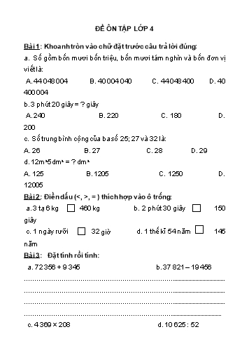 Đề ôn tập môn Toán Lớp 4 - Phần 3