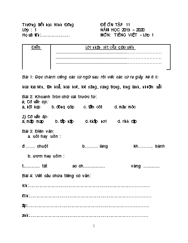 Đề ôn tập môn Toán + Tiếng Việt Lớp 1 - Đề 11+12 - Năm học 2019-2020 - Trường tiểu học Ninh Đông