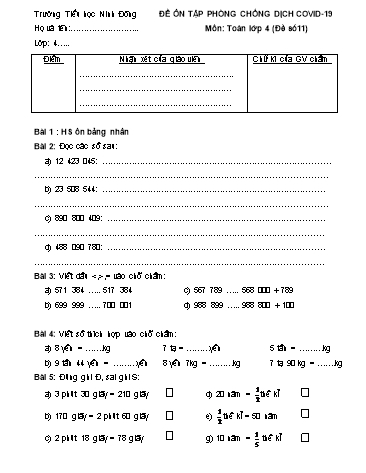 Đề ôn tập môn Toán + Tiếng Việt Lớp 4 - Đề số 11+12 - Trường tiểu học Ninh Đông Đề ôn tập môn Toán + Tiếng Việt Lớp 4 - Đề số 11+12 - Trường tiểu học Ninh Đông