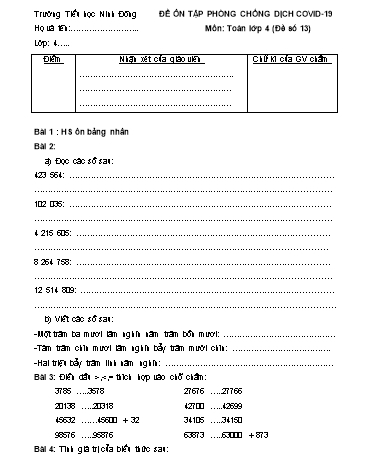 Đề ôn tập môn Toán + Tiếng Việt Lớp 4 - Đề số 13+14 - Trường tiểu học Ninh Đông