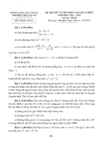 Đề thi thử tuyển sinh vào Lớp 10 THPT môn Toán - Năm học 2021-2022 - Trường THCS Âu Cơ (Kèm đáp án)