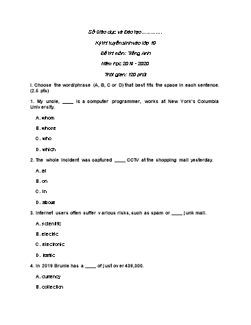 Đề thi tuyển sinh vào Lớp 10 môn Tiếng Anh - Năm học 2019-2020