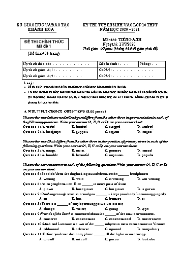 Đề thi tuyển sinh vào Lớp 10 THPT môn Tiếng Anh - Mã đề 1 - Năm học 2020-2021 - Sở GD&ĐT Khánh Hòa