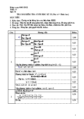 Giáo án Toán 9 - Tiết 70: Trả bài kiểm tra cuối học kỳ II ( Đại số + Hình học) - Năm học 2020-2021