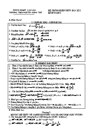 Hệ thống kiến thức học kì I môn Toán 9 - Năm học 2019-2020 - Trường THCS Nguyễn Công Trứ