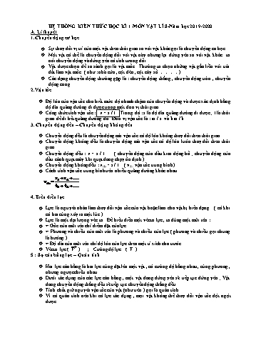 Hệ thống kiến thức học kì I môn Vật lí 8 - Năm học 2019-2020