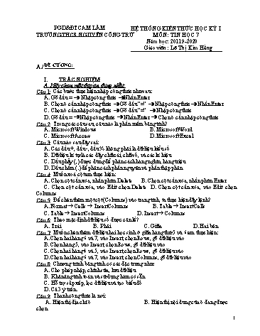 Hệ thống kiến thức học kỳ I môn Tin học 7 - Năm học 2019-2020 - Lê Thị Kim Hằng