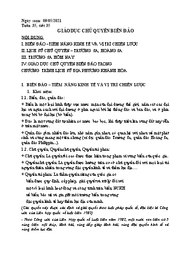 Kế hoạch bài dạy GDCD 9 - Tiết 35: Giáo dục chủ quyền biển đảo - Năm học 2020-2021 - Đoàn Văn Trình