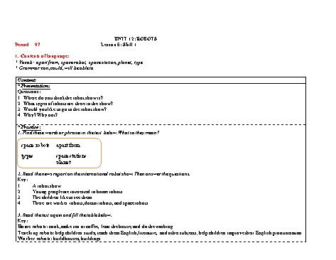 Kế hoạch bài dạy Tiếng Anh 6 - Period 97 đến 99, Unit 12: Robots - Lesson 5 đến 7