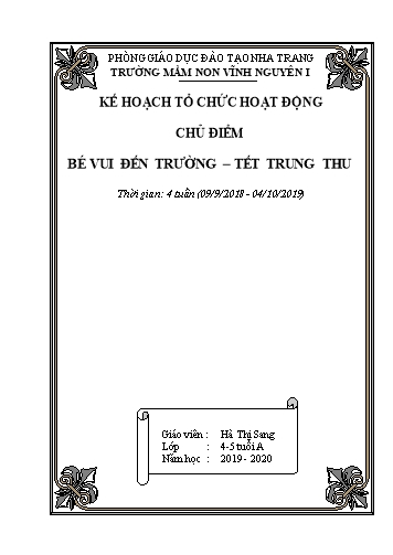 Kế hoạch tổ chức hoạt động Mầm non Lớp Chồi - Chủ điểm: Bé vui đến trường. Tết trung thu - Năm học 2019-2020 - Hà Thị Sang