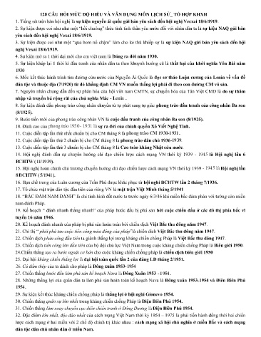 120 Câu hỏi mức độ hiểu và vân dụng môn Lịch sử