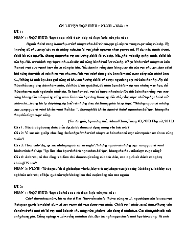 2 Đề ôn luyện đọc hiểu và nghị luận xã hội môn Ngữ văn Lớp 12