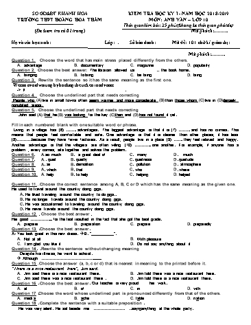 4 Đề kiểm tra học kỳ I môn Tiếng Anh Lớp 10 - Năm học 2018-2019 - Trường THPT Hoàng Hoa Thám (Kèm đáp án và ma trận)