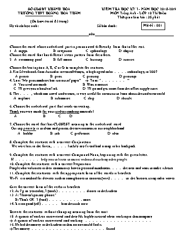 4 Đề kiểm tra học kỳ I môn Tiếng Anh Lớp 10 (Thí điểm) - Năm học 2018-2019 - Trường THPT Hoàng Hoa Thám (Có đáp án)