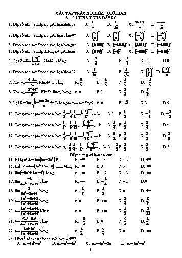 Câu hỏi trắc nghiệm môn Toán Lớp 11 - Chương 4: Giới hạn