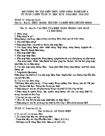 Đề cương ôn tập kiến thức học kì II môn Công nghệ 8 - Tuần 21 đến 29 - Năm học 2019-2020