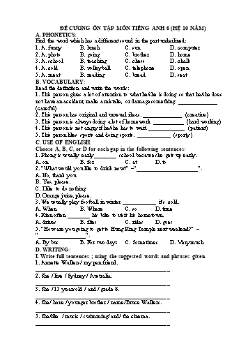 Đề cương ôn tập môn Tiếng Anh 6 (Hệ 10 năm)