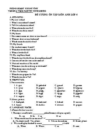 Đề cương ôn tập môn Tiếng Anh Lớp 6 - Trường THCS Nguyễn Bỉnh Khiêm