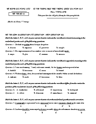Đề đánh giá năng lực - Kì thi trung học phổ thông năm 2017 - Đề thi số 10 (Có đáp án)