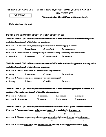 Đề đánh giá năng lực - Kì thi trung học phổ thông năm 2017 - Đề thi số 7 (Có đáp án)