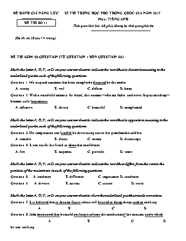 Đề đánh giá năng lực - Kì thi trung học phổ thông năm 2017 - Đề thi số 11 (Có đáp án)