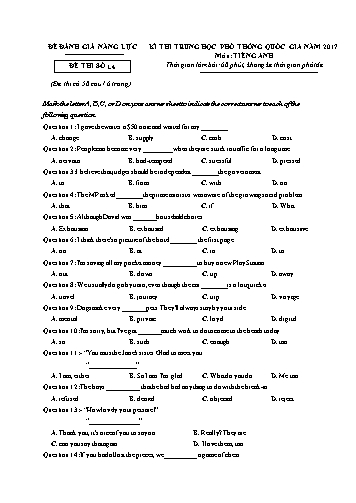 Đề đánh giá năng lực - Kì thi trung học phổ thông năm 2017 - Đề thi số 14 (Có đáp án)