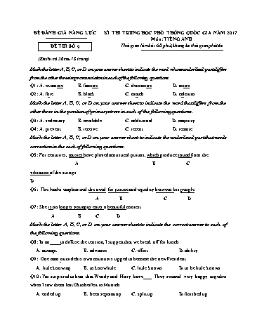 Đề đánh giá năng lực - Kì thi trung học phổ thông năm 2017 - Đề thi số 9 (Có đáp án)