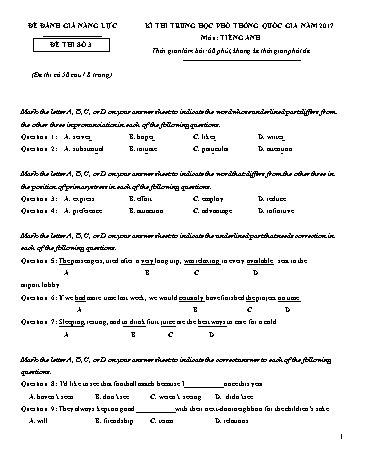 Đề đánh giá năng lực - Kì thi trung học phổ thông năm 2017 - Đề thi số 3 (Có đáp án)