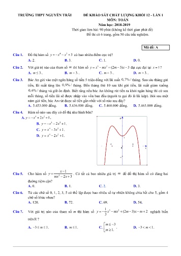 Đề khảo sát chất lượng THPT quốc gia môn Toán (Lần 1) - Mã đề A - Năm học 2018-2019 - Trường THPT Nguyễn Trãi (Có đáp án)
