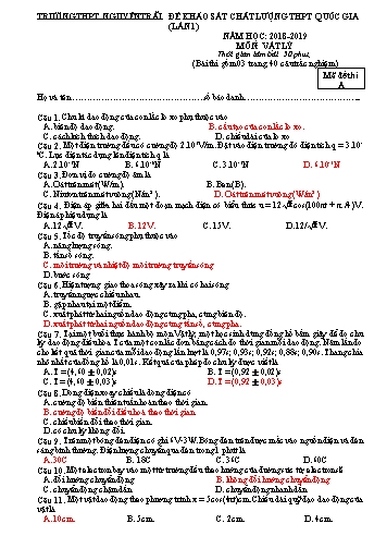 Đề khảo sát chất lượng THPT quốc gia môn Vật lý (Lần 1) - Mã đề A - Năm học 2018-2019 - Trường THPT Nguyễn Trãi (Có đáp án)