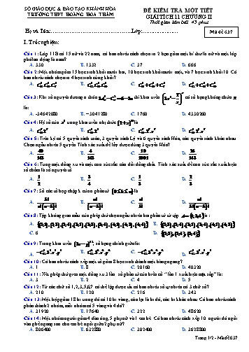 Đề kiểm tra 1 tiết chương II môn Giải tích 11 - Mã đề 637 - Trường THPT Hoàng Hoa Thám (Kèm đáp án)
