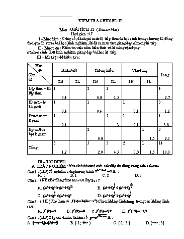 Đề kiểm tra 1 tiết chương II môn Giải tích Lớp 12 - Ban cơ bản (Có đáp án)
