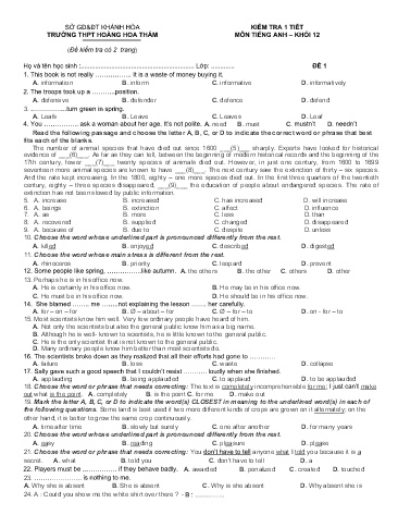 Đề kiểm tra 1 tiết môn Tiếng Anh Khối 12 - Đề 1 - Trường THPT Hoàng Hoa Thám