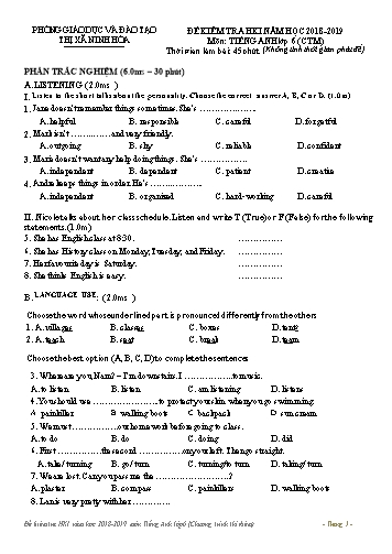 Đề kiểm tra giữa học kì I môn Tiếng Anh Lớp 6 (Thí điểm) - Năm học 2018-2019 - Phòng GD&ĐT Thị xã Ninh Hòa (Có đáp án)