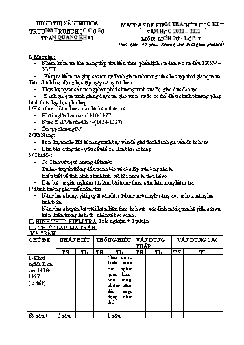 Đề kiểm tra giữa học kì II môn Lịch sử 7 - Năm học 2020-2021 - Nguyễn Thị Lùn (Có đáp án)
