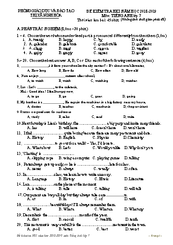 Đề kiểm tra học kì I môn Tiếng Anh Lớp 7 - Năm học 2018-2019 - Phòng GD&ĐT Thị xã Ninh Hòa (Có đáp án)