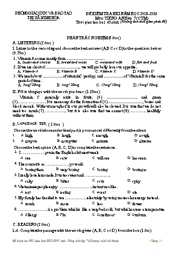 Đề kiểm tra học kì I môn Tiếng Anh Lớp 7 (Thí điểm) - Năm học 2018-2019 - Phòng GD&ĐT Thị xã Ninh Hòa (Có đáp án)