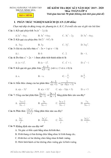 Đề kiểm tra học kì I môn Toán Lớp 8 - Năm học 2019-2020 - Phòng GD&ĐT Thị xã Ninh Hòa (Kèm đáp án)