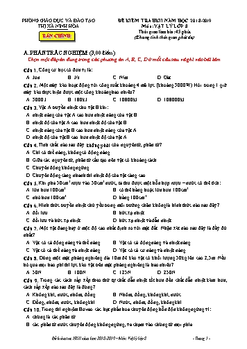Đề kiểm tra học kì II môn Vật lý Lớp 8 - Năm học 2018-2019 - Phòng GD&ĐT Thị xã Ninh Hòa (Kèm đáp án)