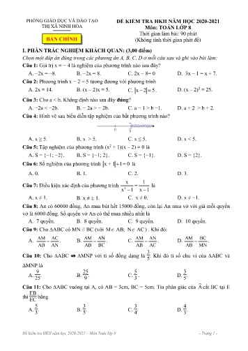 Đề kiểm tra học kì II Toán Lớp 8 - Năm học 2020-2021 - Phòng GD&ĐT Thị xã Ninh Hòa (Kèm đáp án)