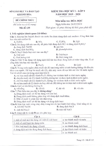 Đề kiểm tra học kỳ I môn Hóa học Lớp 9 - Mã đề 135 - Năm học 2019-2020 - Sở GD&ĐT Khánh Hòa (Kèm đáp án)